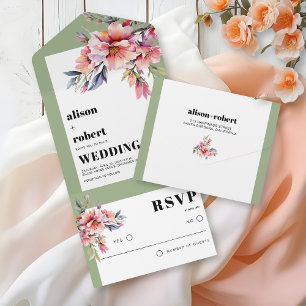 Invitation Tout En Un Rhododendron fleurs rose pêche mariage vert sauge