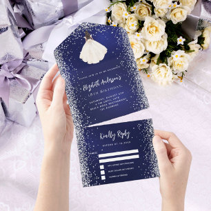 Invitation Tout En Un Robe argentée bleu marine paillettes anniversaire 
