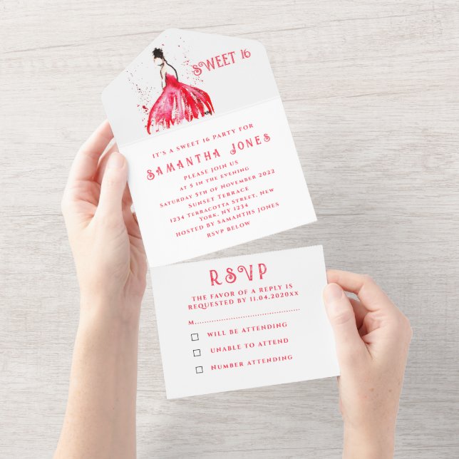 Invitation Tout En Un Robe Rouge Douce 16 Floral Seize Fille Élégante (Déchirure)