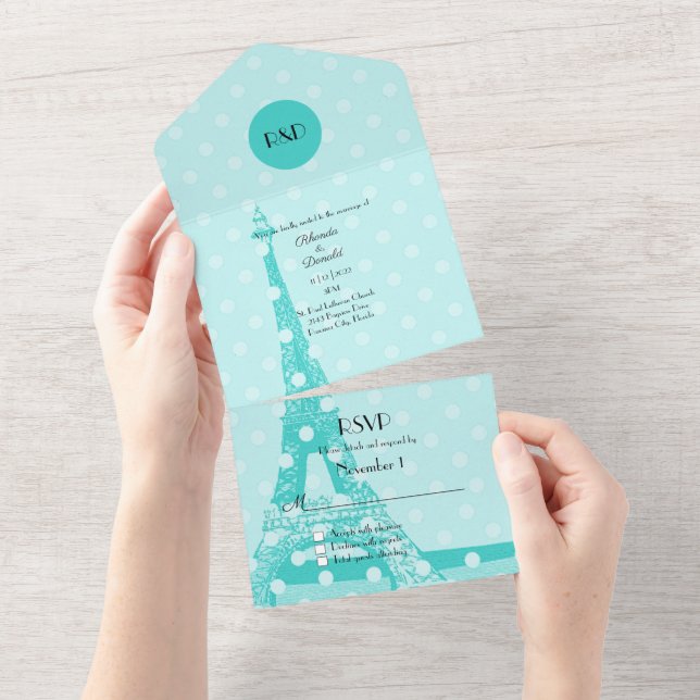 Invitation Tout En Un Robins Egg Blue Paris Mariage à thème (Déchirure)