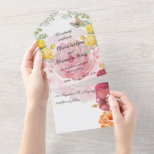Invitation Tout En Un Romance en suspens : Rose aquarelle et papillon No