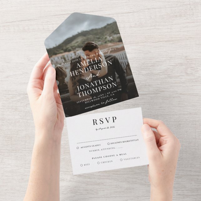 Invitation Tout En Un Romantic Classy Script photo Mariage RSVP (Déchirure)