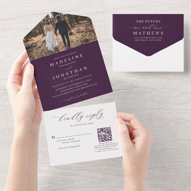 Invitation Tout En Un Romantic Elegant Purple Photo QR Code Mariage (Créateur téléchargé)