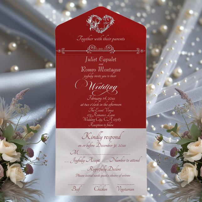 Invitation Tout En Un Romantic Heart & Calligraphy - Red/Silver (Créateur téléchargé)