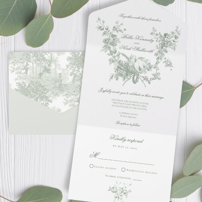 Invitation Tout En Un Romantic Sage Floral Wreath w/Lovebirds Wedding (Créateur téléchargé)