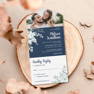 Invitation Tout En Un Romantique blanc fleur douce bleu mariage photo