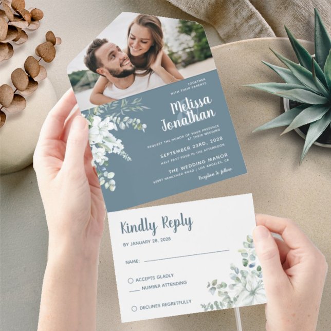 Invitation Tout En Un Romantique blanc fleur gris photo de printemps mar (Créateur téléchargé)