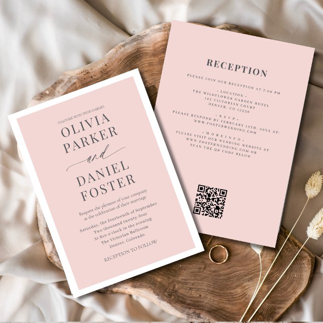 Invitation Tout en un romantique Blush rose QR Code Mariage (Créateur téléchargé)