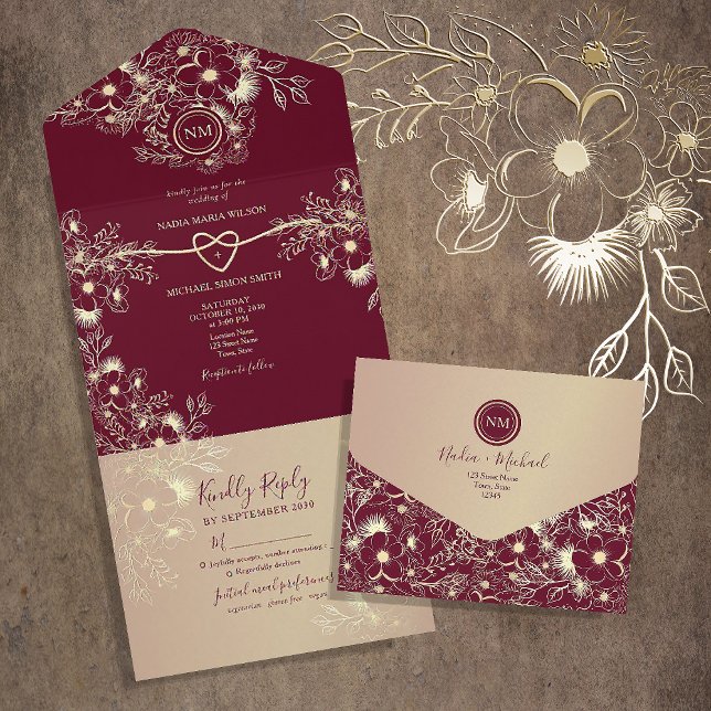 Invitation Tout En Un Romantique Bourgogne Gold Floral Mariage (Créateur téléchargé)