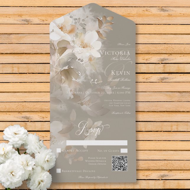 Invitation Tout En Un Romantique Ethéal Neutre Beige Floral Code QR (Romantic Ethereal Neutral Beige Floral QR Code All In One Invitation)