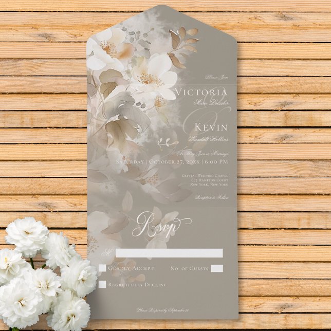 Invitation Tout En Un Romantique Ethéal Neutre Beige Floral Pas de dîner (Romantic Ethereal Neutral Beige Floral No Dinner All In One Invitation)