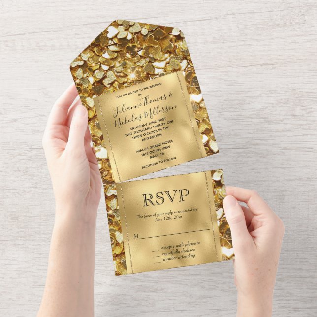 Invitation Tout En Un Romantique Gold Glam Glitzy Sparkle Hearts Mariage (Déchirure)