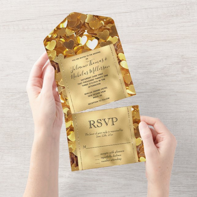 Invitation Tout En Un Romantique Gold Glam Hearts Mariage (Déchirure)