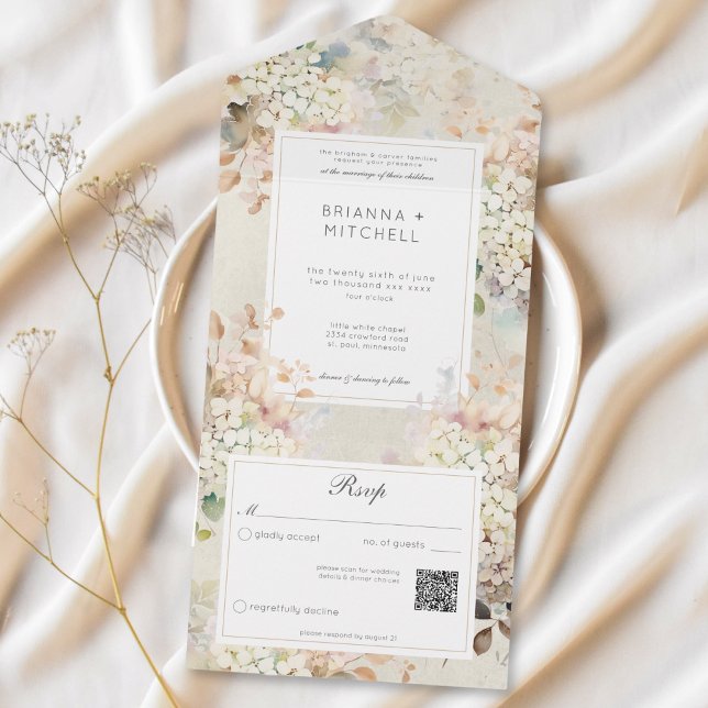 Invitation Tout En Un Romantique Neutre Vintage Hydrangeas QR Code (Romantic Neutral Vintage Hydrangeas QR Code All In One Invitation)