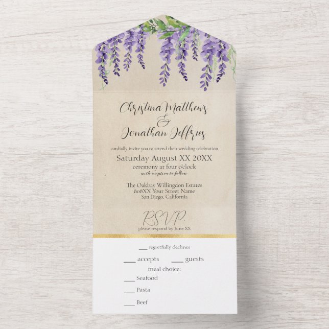 Invitation Tout En Un Romantique Purple Wisteria sur Parchemin rustique (À l'intérieur)