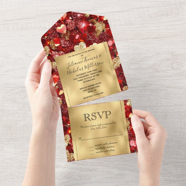 Invitation Tout En Un Romantique Red Gold Glitzy Hearts Mariage (Déchirure)