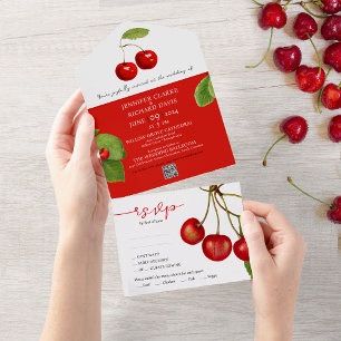 Invitation Tout En Un Romantique Rétro Rouge Blanc Cerise Fruits QR Mari