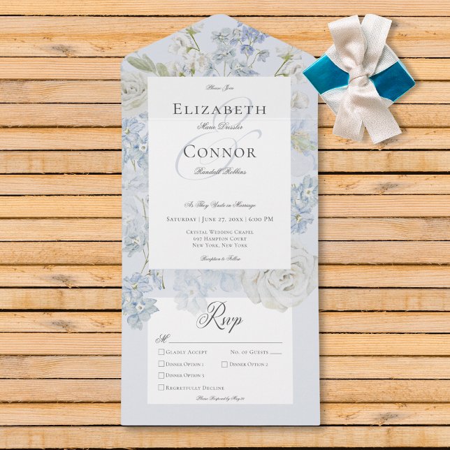 Invitation Tout En Un Romantique Soft Blue & White Jardin Dîner Floral (Romantic Soft Blue & White Garden Floral Dinner All In One Invitation)