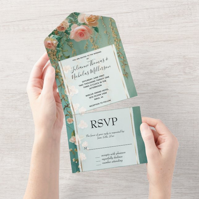 Invitation Tout En Un Romantique Turquoise Blush Peach Rose Floral Maria (Déchirure)