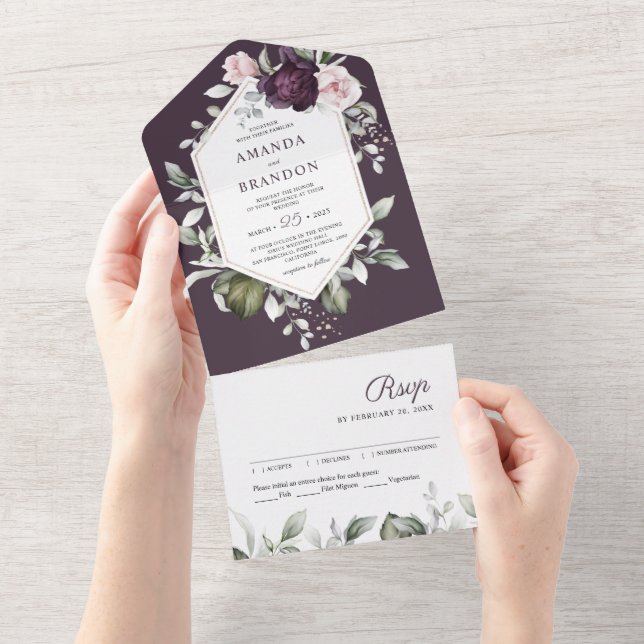 Invitation Tout En Un Romantique violet floral | Mariage verdoyant (Déchirure)
