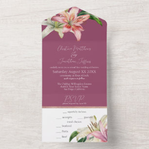 Invitation Tout En Un Romantiques lys roses et blancs sur fond fuchsia
