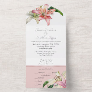 Invitation Tout En Un Romantiques Lys roses et blancs sur fond rose