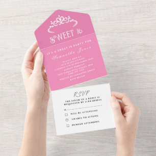 Invitation Tout En Un Rose Blanc Cute Sweet 16 Tiara Seteen Moderne