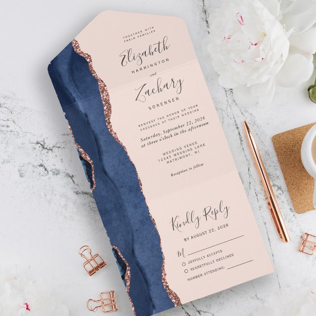 Invitation Tout En Un Rose bleu de la marine moderne Gold Agate Mariage  (Créateur téléchargé)