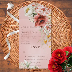Invitation Tout En Un Rose Blush & Blanc Moderne Floral Rose Dîner