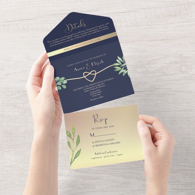 Invitation Tout En Un Rose botanique Mariage photo Gold Navy (Déchirure)