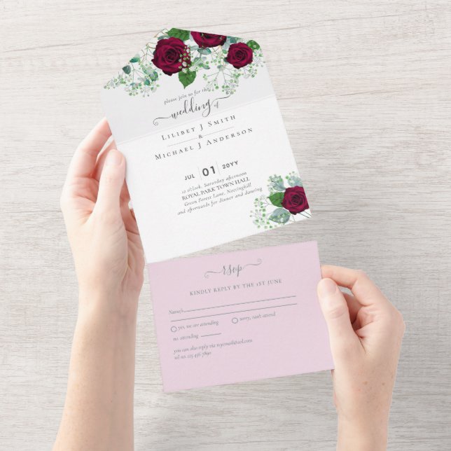 Invitation Tout En Un Rose de Bourgogne Sage Eucalyptus Mariage (Déchirure)