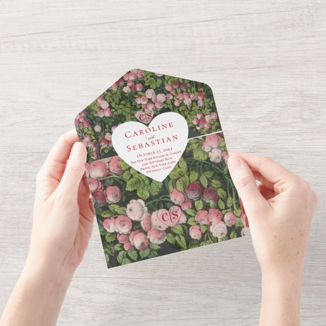 Invitation Tout En Un Rose de coeur romantique Jardin Photo Mariage supe (Ouverture)