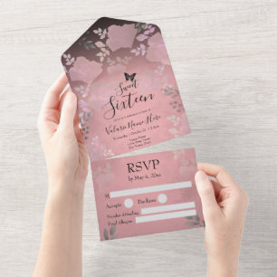 Invitation Tout En Un Rose de glace rose florale Sweet Sixteen tout en u