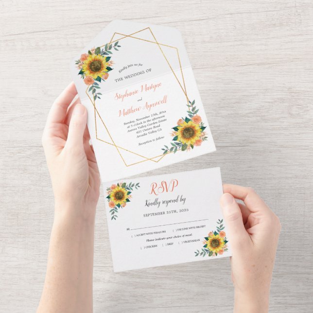 Invitation Tout En Un Rose de pêche de tournesol géométrique Mariage mod (Déchirure)