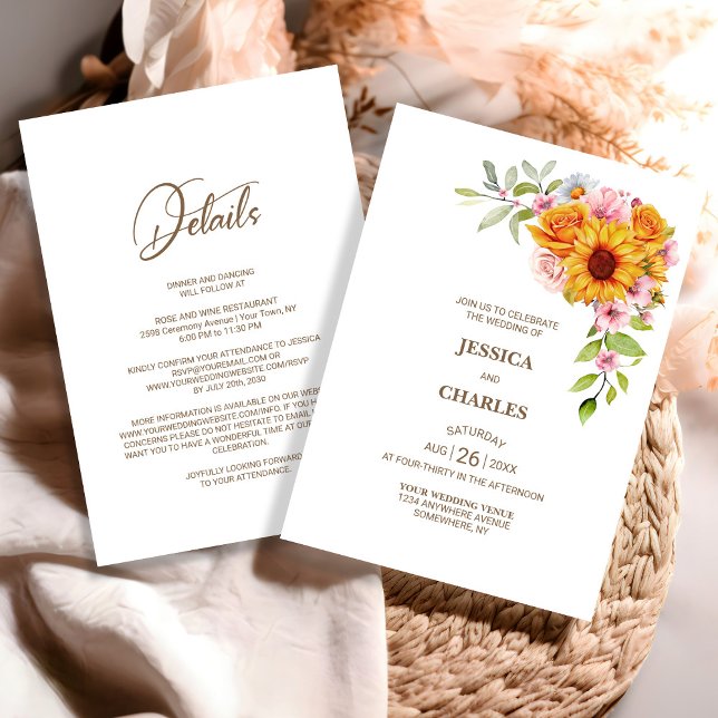 Invitation Tout en un Rose de tournesol Mariage Floral (Créateur téléchargé)