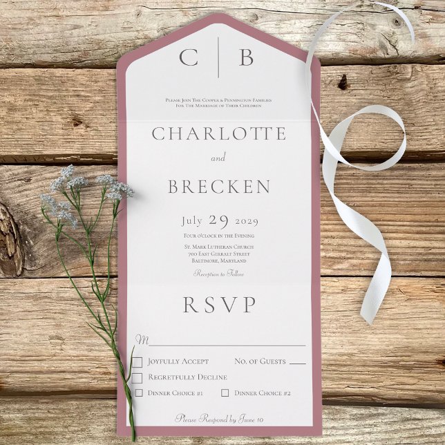 Invitation Tout En Un Rose Dusty & Monogramme Blanc Dîner Minimal (Créateur téléchargé)