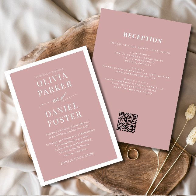 Invitation Tout en un rose Dusty Rose QR Code Mariage (Créateur téléchargé)
