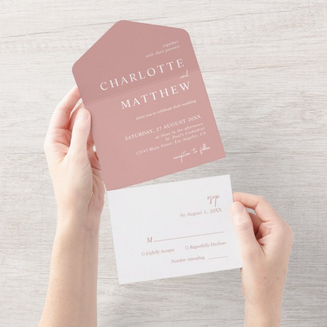 Invitation Tout En Un Rose Dusty Script Mariage Tous en une invitation (Déchirure)