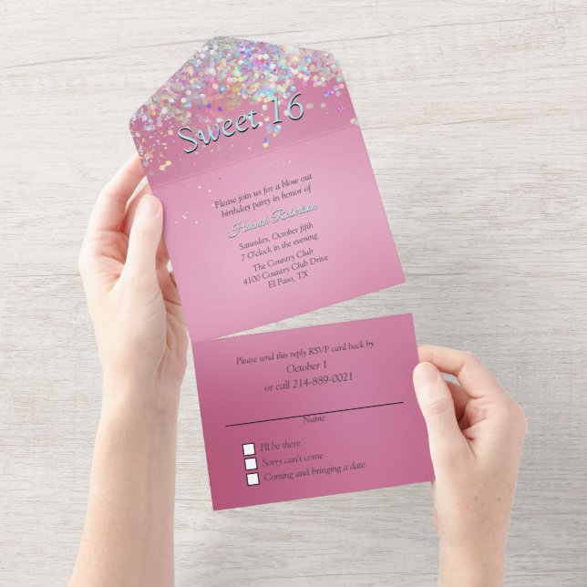 Invitation Tout En Un Rose et Confetti Sweet 16 (Déchirure)