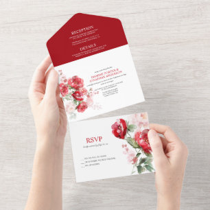 Invitation Tout En Un Rose et rouge vif Mariage