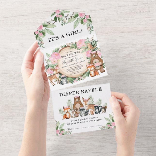 Invitation Tout En Un Rose Floral Bois Animaux Fille Baby shower (Déchirure)