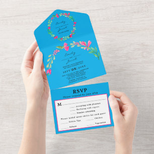 Invitation Tout En Un Rose Floral Vert Ciel Bleu Élégant Mariage RSVP