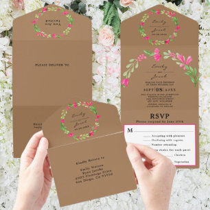 Invitation Tout En Un Rose Floral Vert Lumière Mariage Brown Chic RSVP