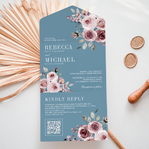 Invitation Tout En Un Rose Florale Code QR Rose Pâle Bleu Poussiéreux Ma