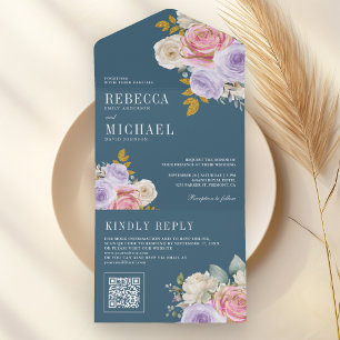 Invitation Tout En Un Rose Florale Violet Rose QR Code Bleu Poussiéreux 