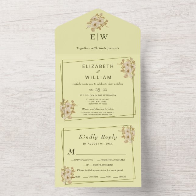 Invitation Tout En Un Rose Frame – Monogram Celestial Yellow Wedding (À l'intérieur)
