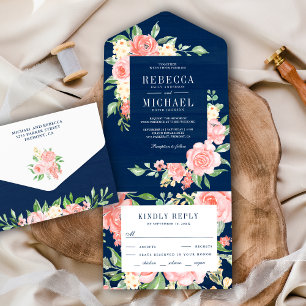 Invitation Tout En Un Rose Garden Navy Blue Mariage Rose Florale Rose Cl