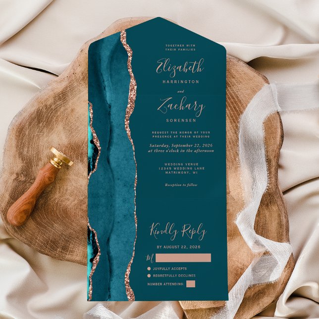 Invitation Tout En Un Rose Gold Agate Bleu Sarcelle Mariage Moderne (Créateur téléchargé)