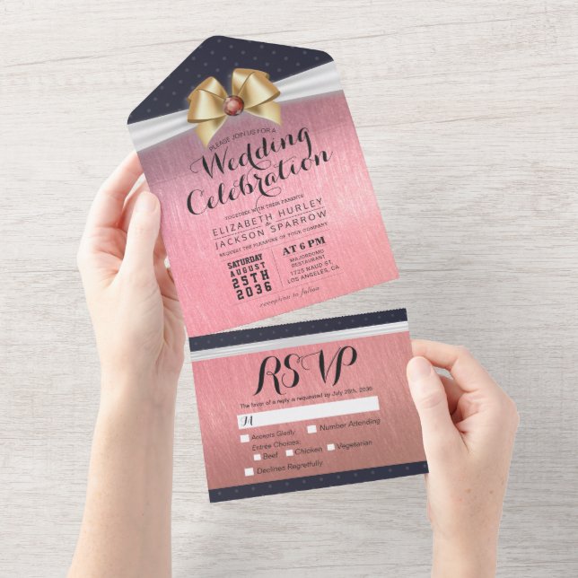 Invitation Tout En Un Rose Gold Blanc Ruban Rouge Diamant Mariage RSVP (Déchirure)