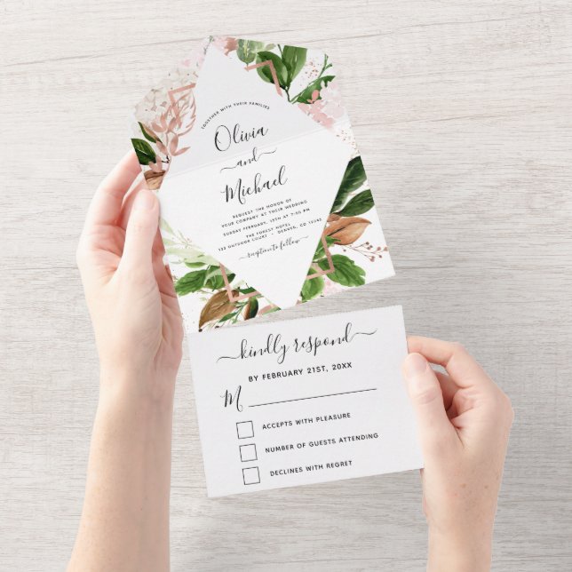 Invitation Tout En Un Rose Gold Botanical Greenery Wedding RSVP (Déchirure)